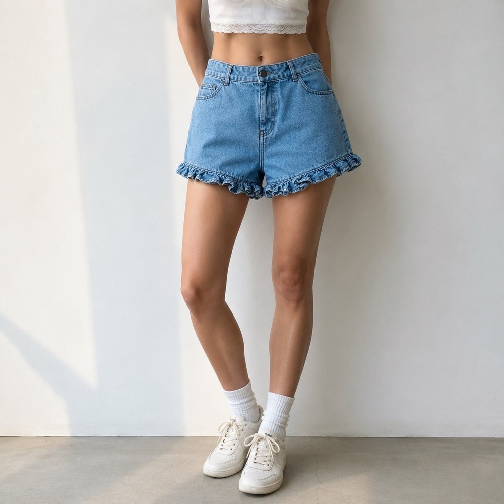 Boohoo Blue Light Wash Ruffle Hem High Waisted Denim Shorts Womens 12